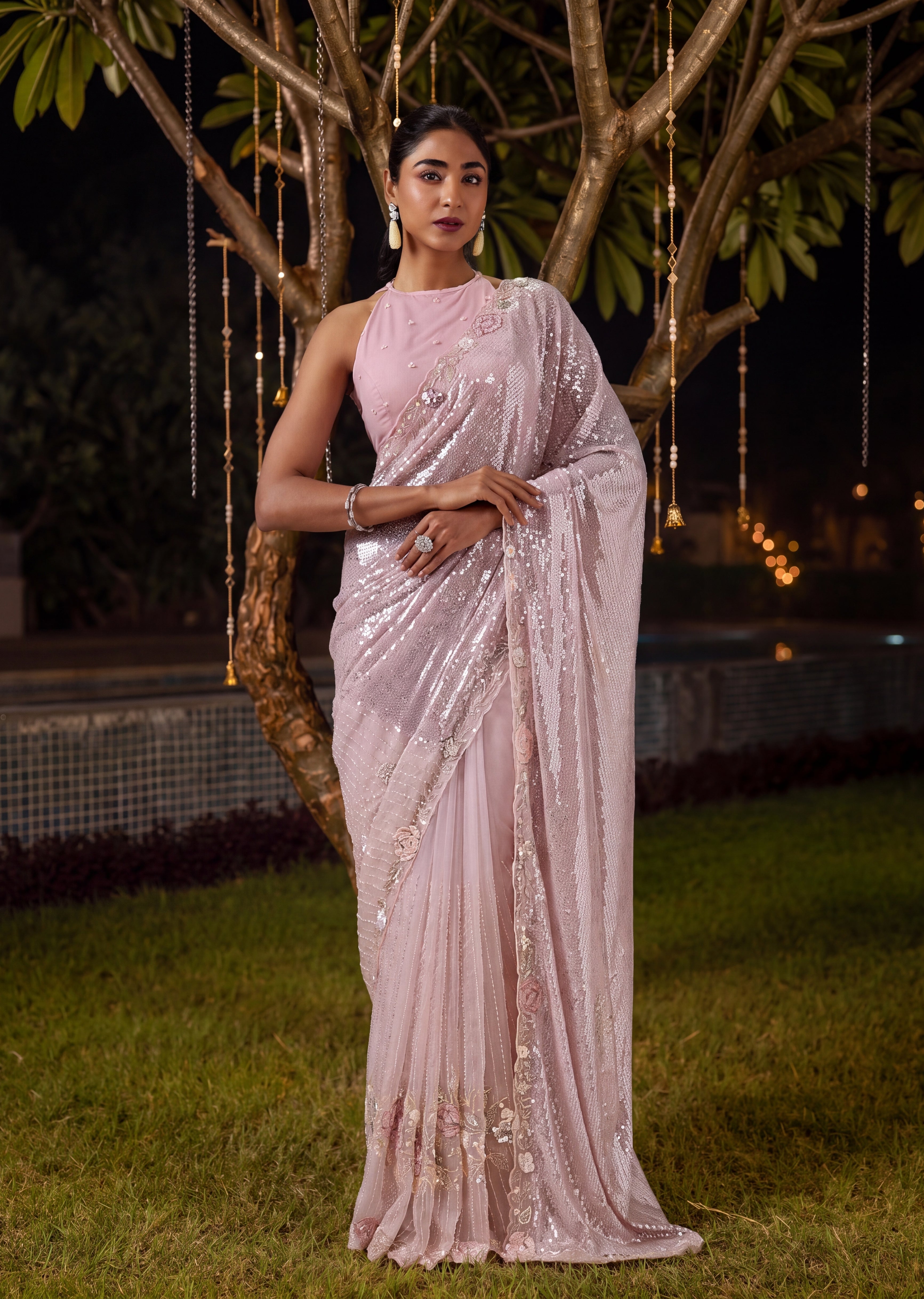 Mauve Half And Half Sequin Saree With Cut Dana Embellished Border