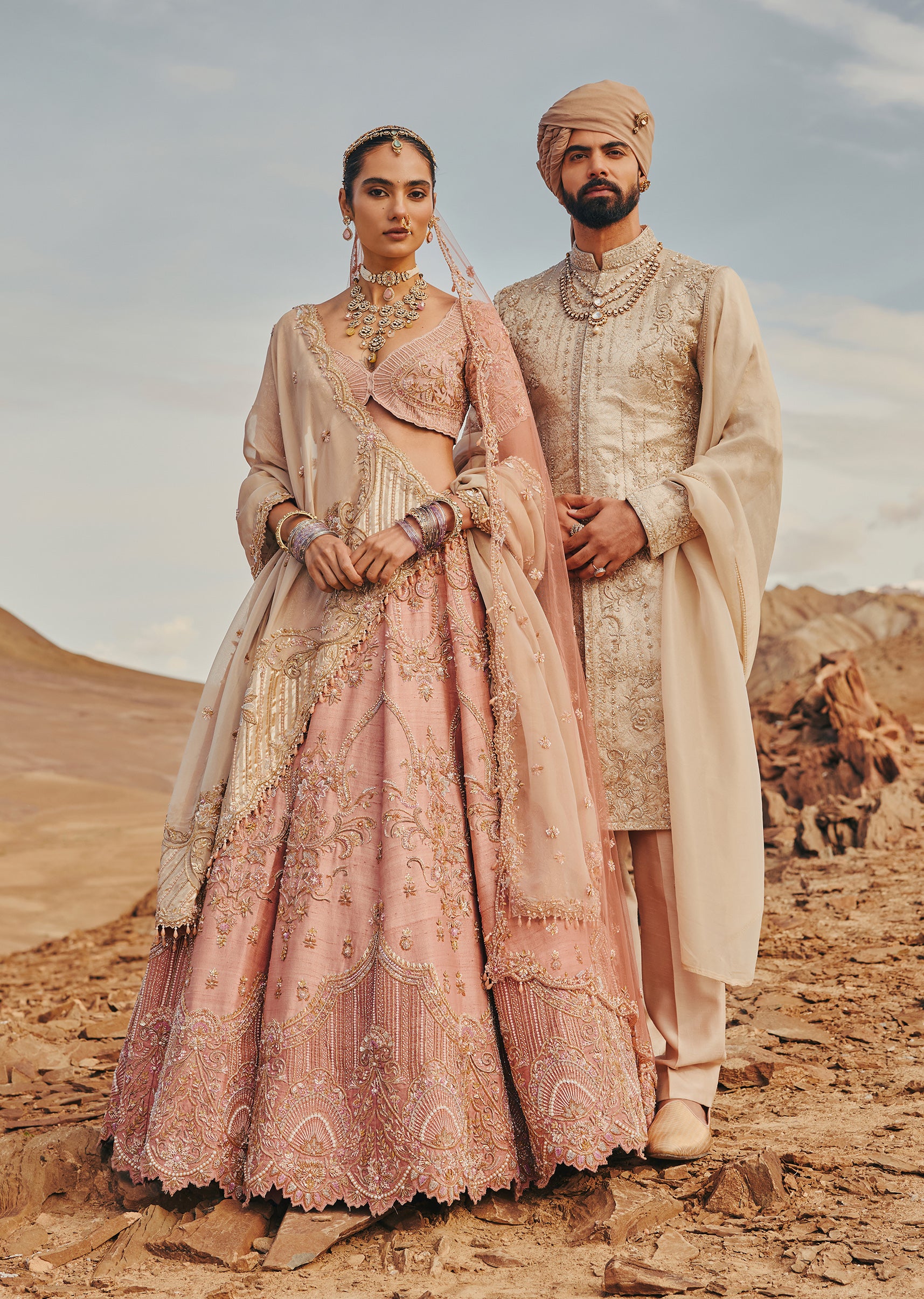 Blush & Beige - Pink Bridal Lehenga For Her And Tonal Hand-Embroidered Sherwani For Him
