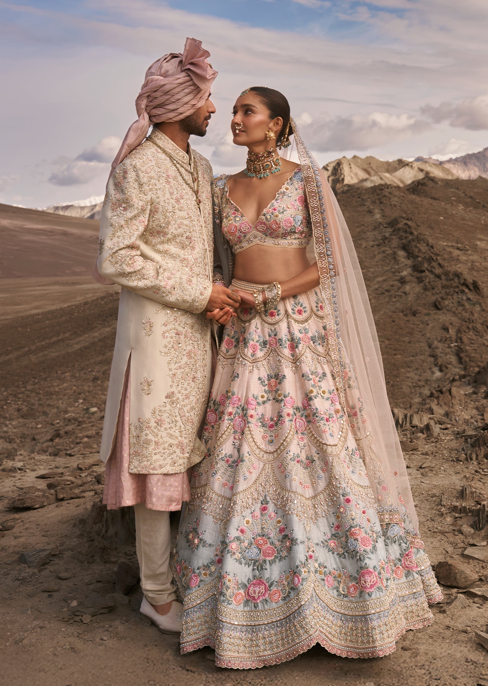 Pink Ombre Lehenga For Her & Floral Silk Sherwani For Him