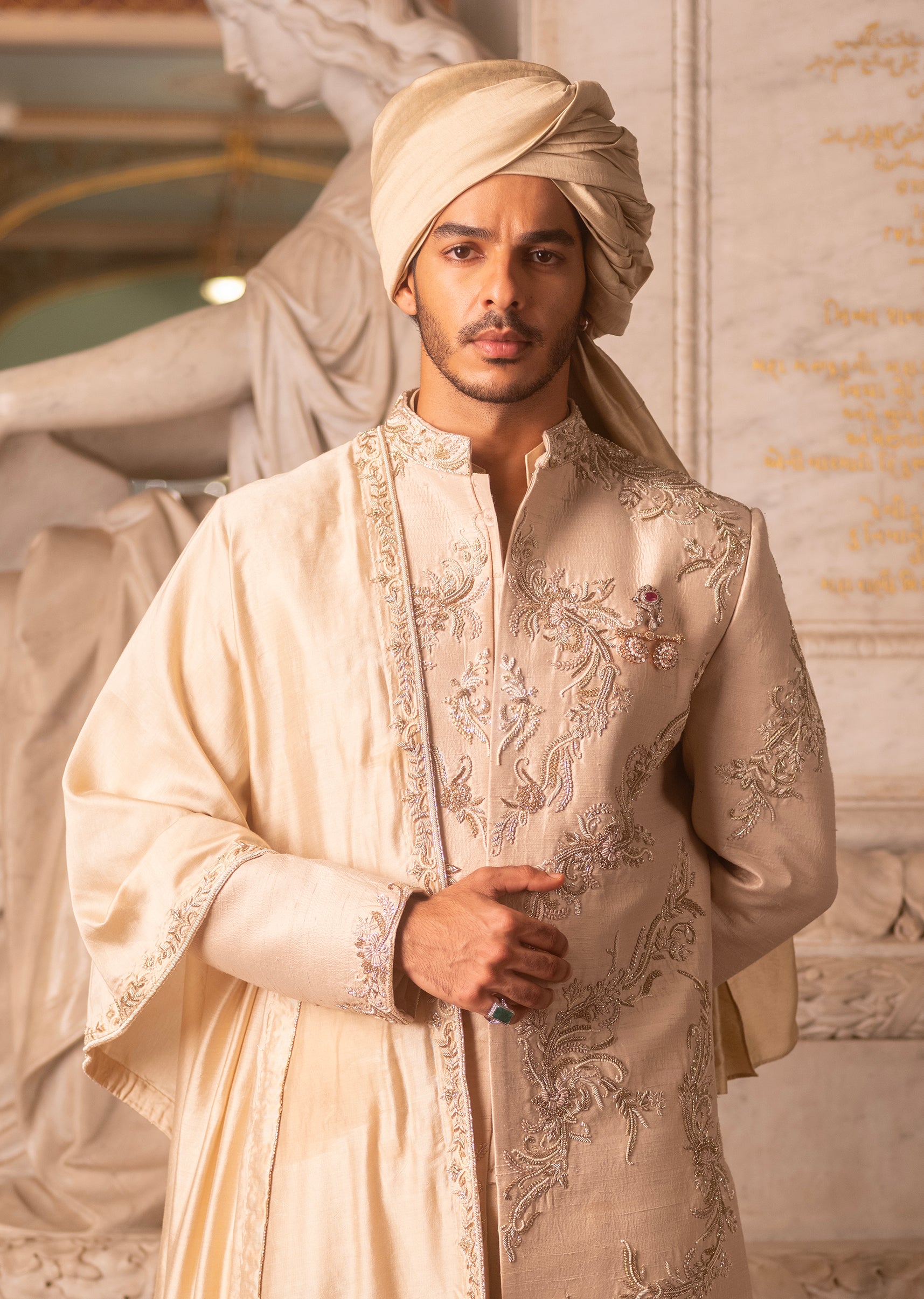 Gold Wedding Sherwani Set With Zardosi Work