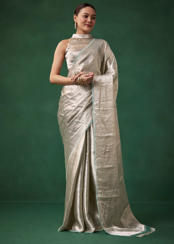 Silver Tissue Silk Jacquard Weave Saree with Unstitched Blouse