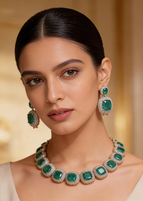 Silver Plated Green Synthetic Stone Choker Necklace Set With Earrings