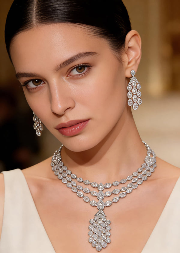 Silver Plated Zircon Short Necklace Set With Earrings