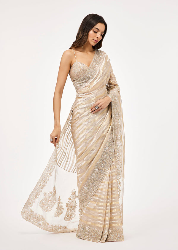 Silver Striped Tissue Saree With Embroidered Border