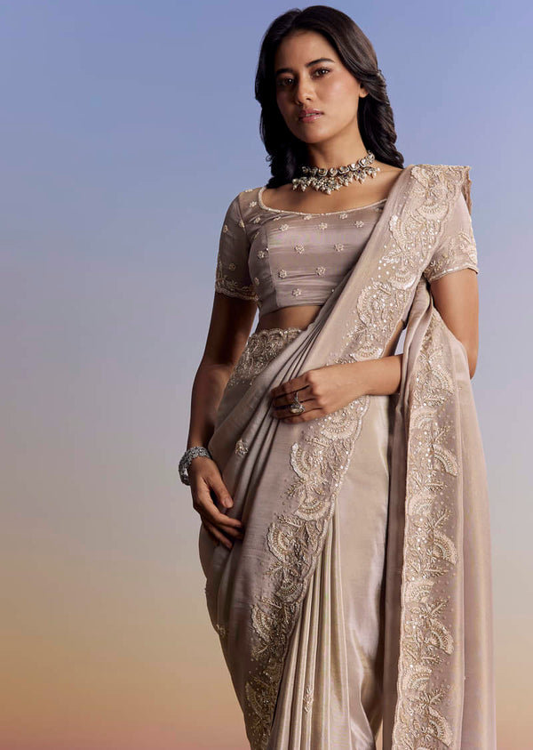 Silver Tissue Saree With Embroidered Scallop Border And Sequin Moti Work