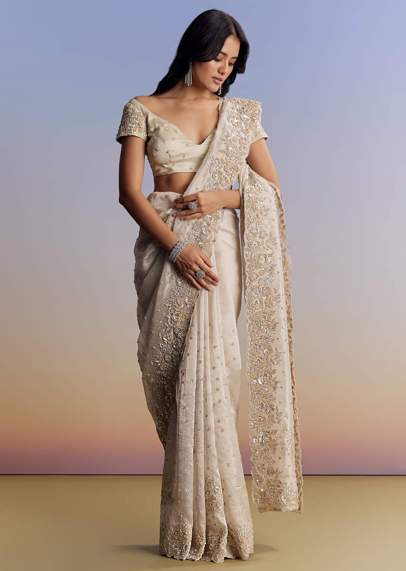 Silver Tissue Saree With Floral Cut Dana Embroidery