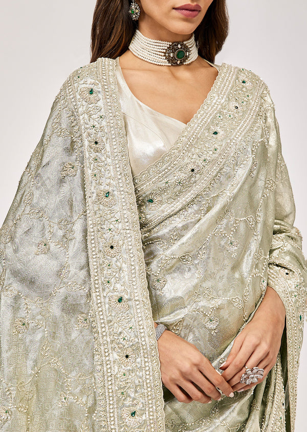 Silver Tissue Saree With Kundan Embroidery