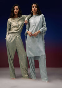 Silver Kurta Pant Set In Foil With Salli And Tikki Embroidery