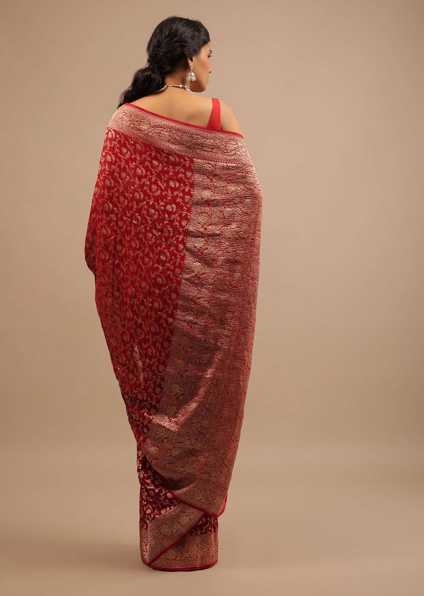 Rose Red Saree In Georgette With Woven Fern Motif Jaal Work