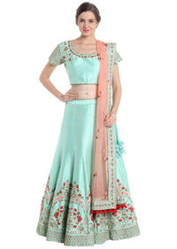 Sky blue and dark pink lehenga choli with resham and zardosi only on Kalki