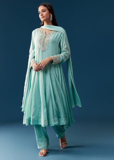 Sky Blue Chinon Anarkali Suit With Dupatta And Moti Cut Dana Work