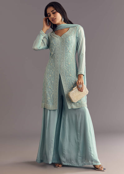 Sky Blue Chinon Kurta Dupatta Set With Moti And Cutdana Work