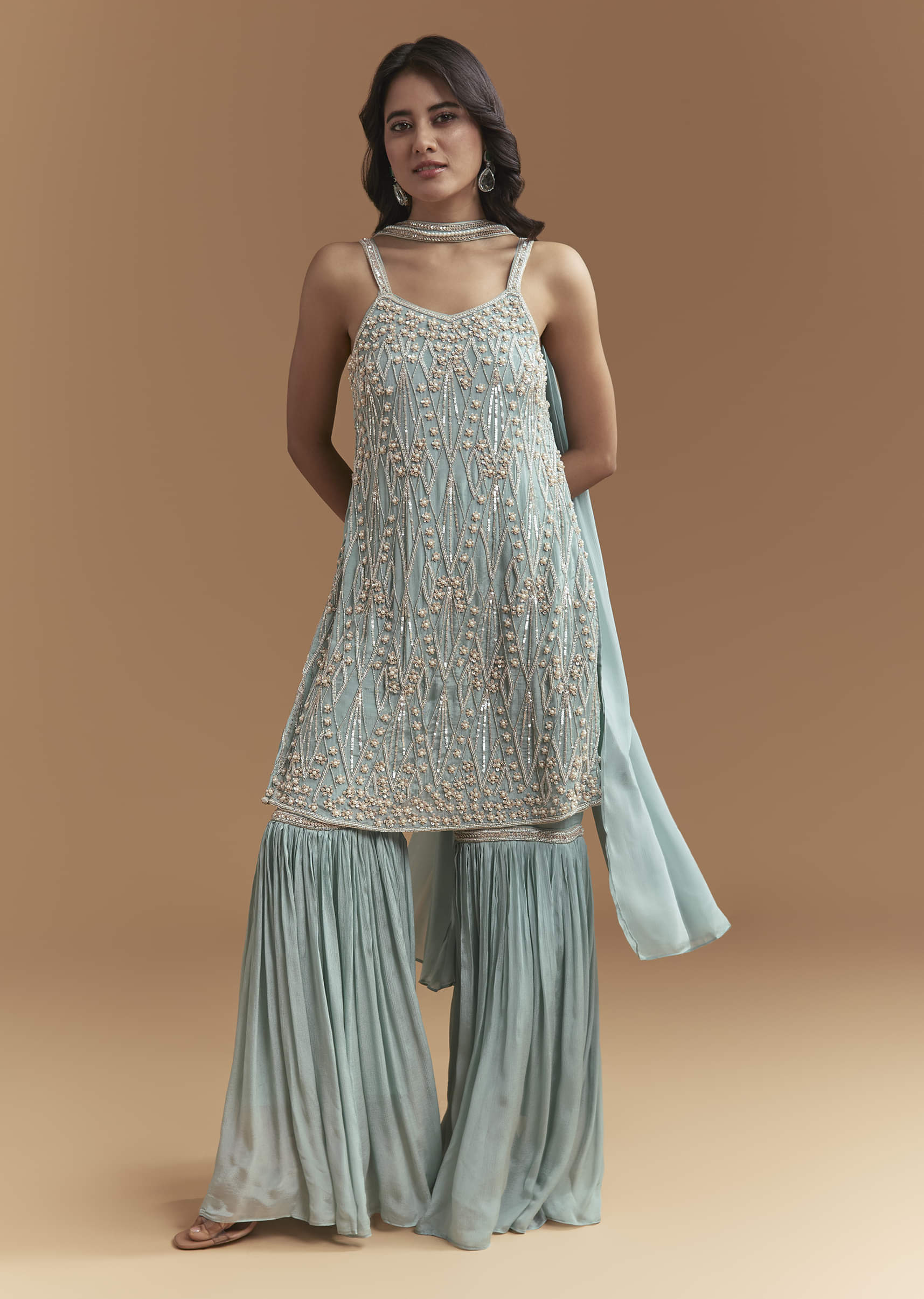 Sky Blue Chinon Sharara Suit With Moti And Beads Work