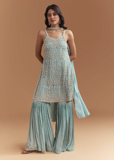 Sky Blue Chinon Sharara Suit With Moti And Beads Work