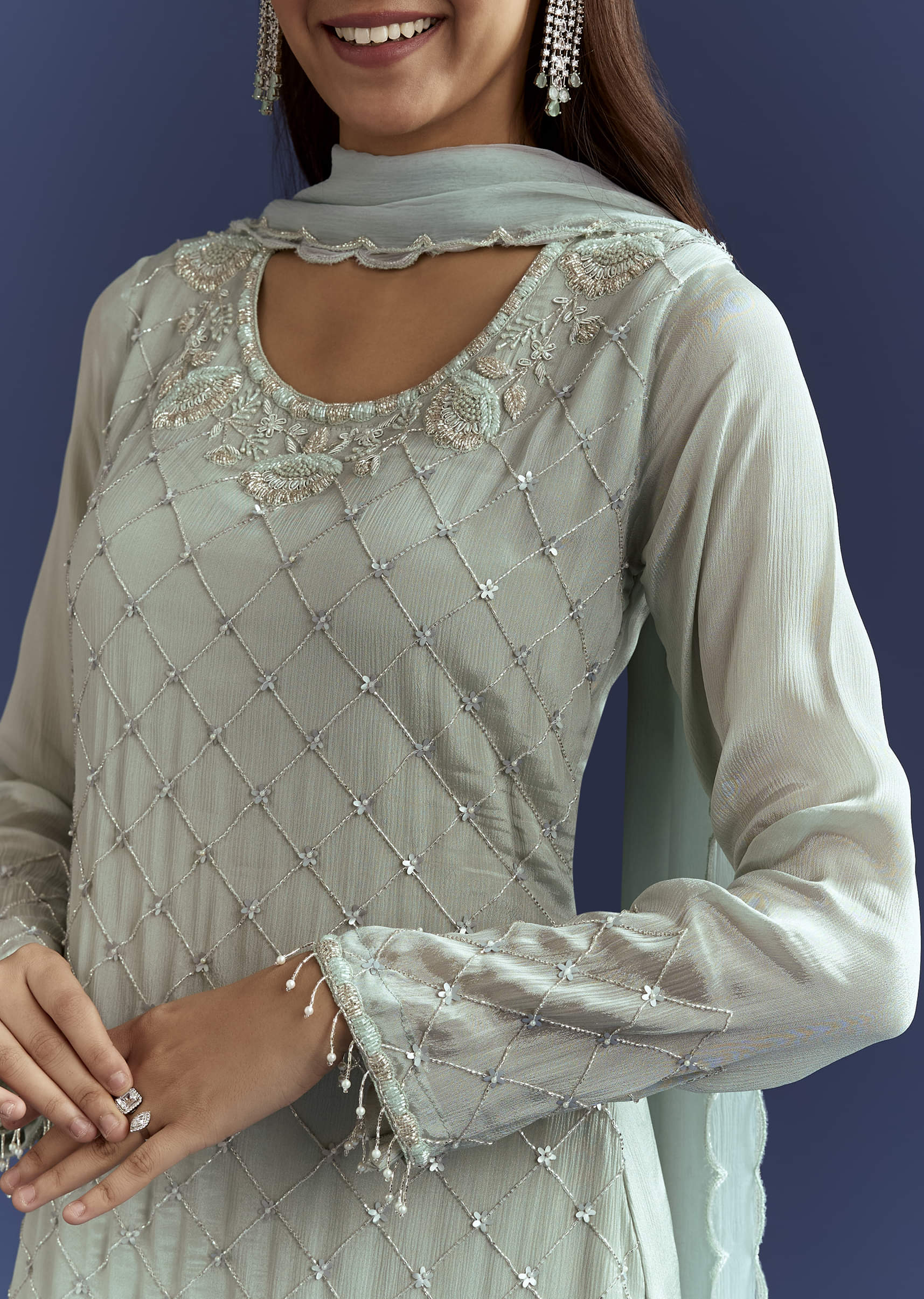 Sky Blue Cutdana Kurta With Scallop Dupatta And Palazzo In Chinon