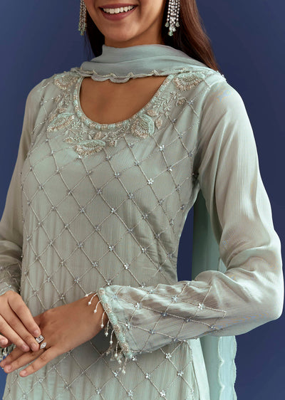 Sky Blue Cutdana Kurta With Scallop Dupatta And Palazzo In Chinon