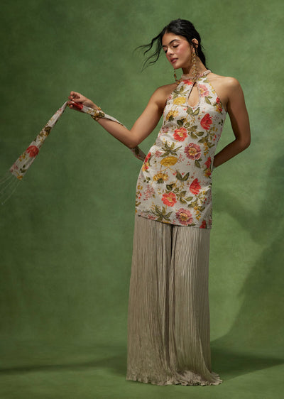 Sky Blue Floral Crepe Halter Neck Palazzo Suit With Embellished Kurta