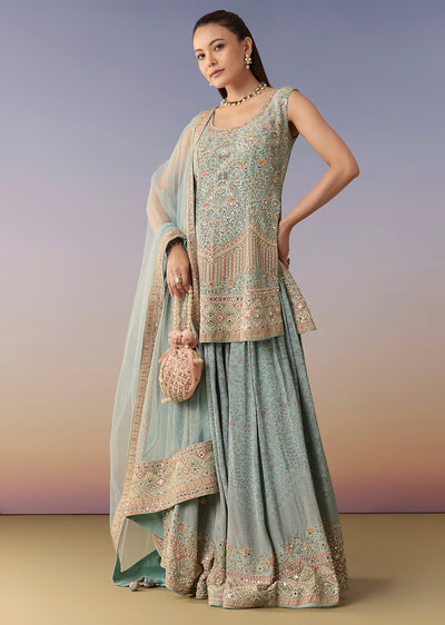 Sky Blue Floral Embellished Palazzo Set With Dupatta