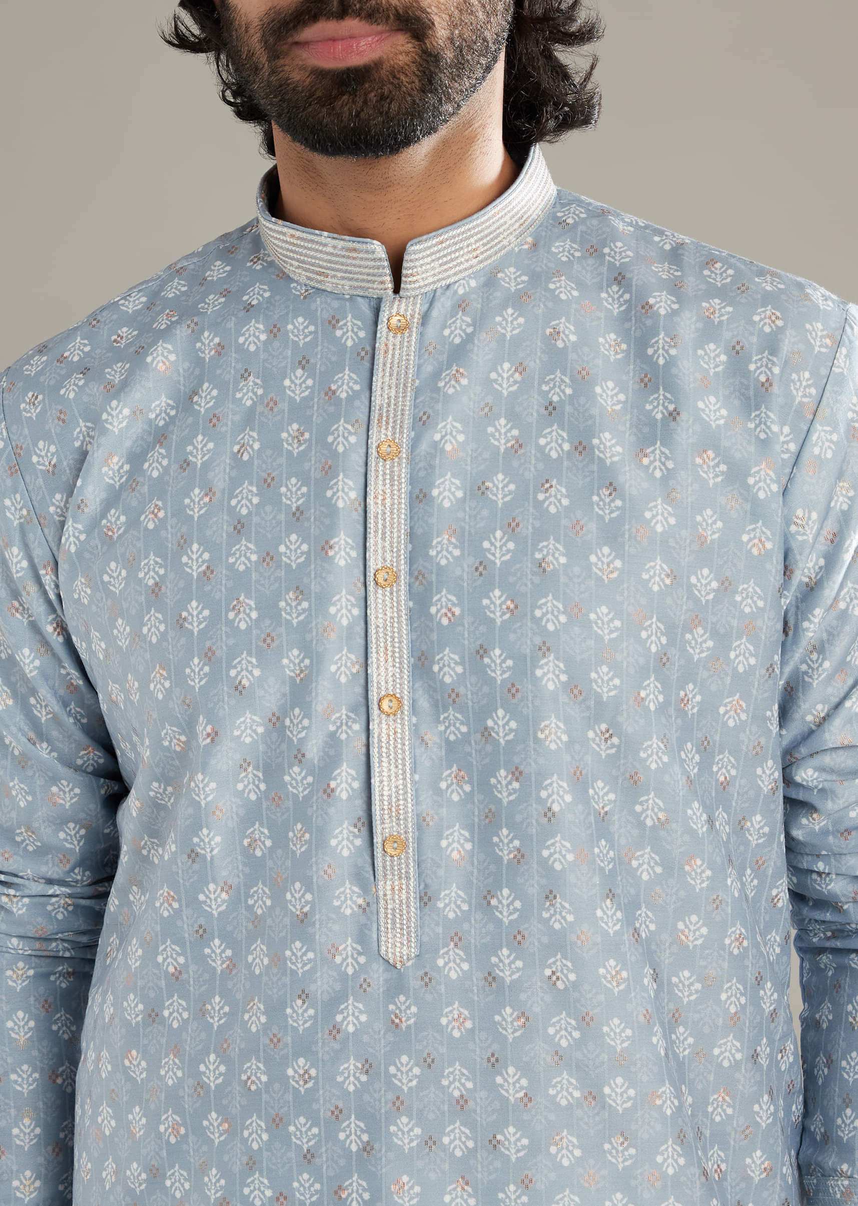 Sky Blue Silk Kurta Set For Men With Floral Printed Motifs