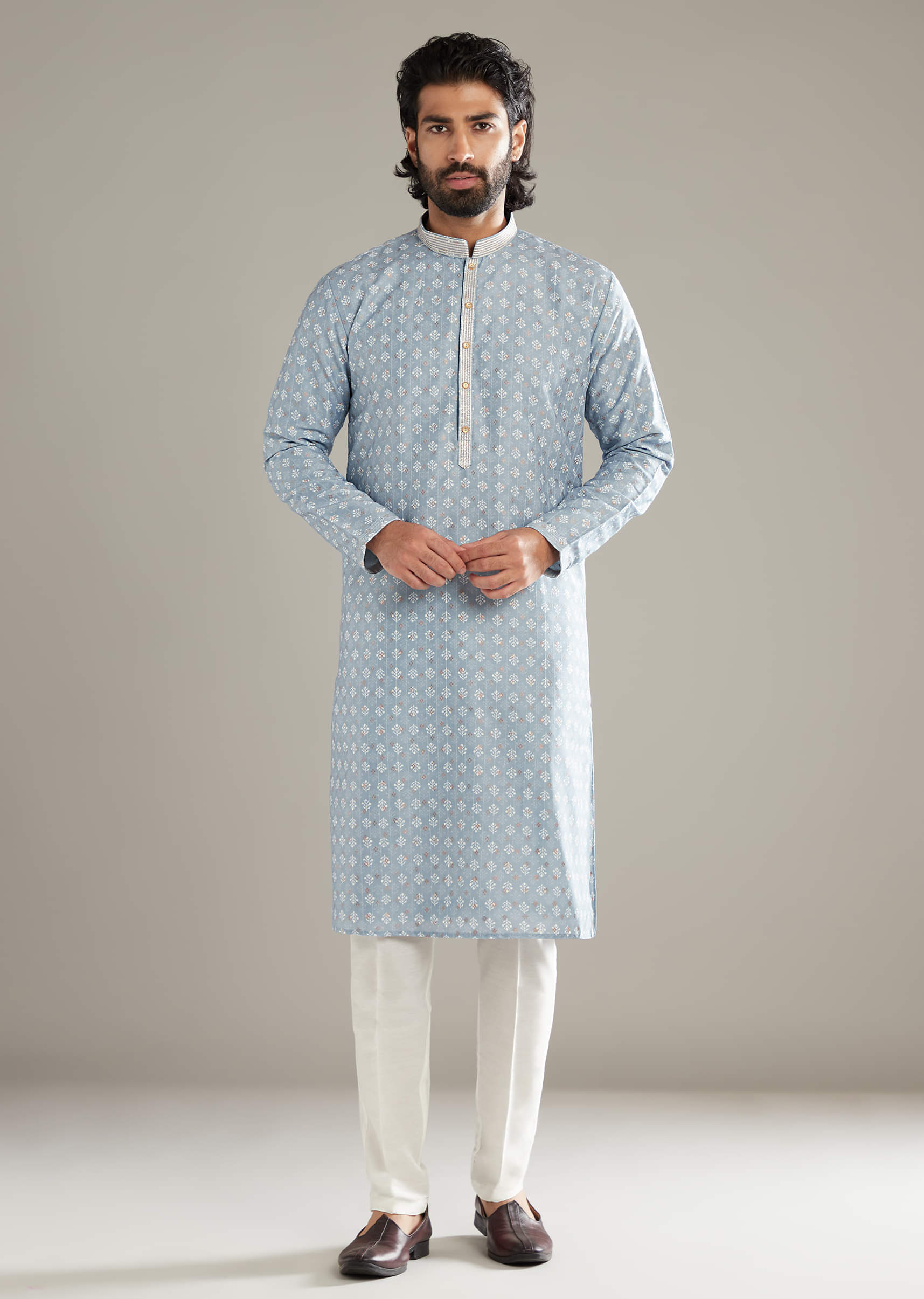 Sky Blue Silk Kurta Set For Men With Floral Printed Motifs