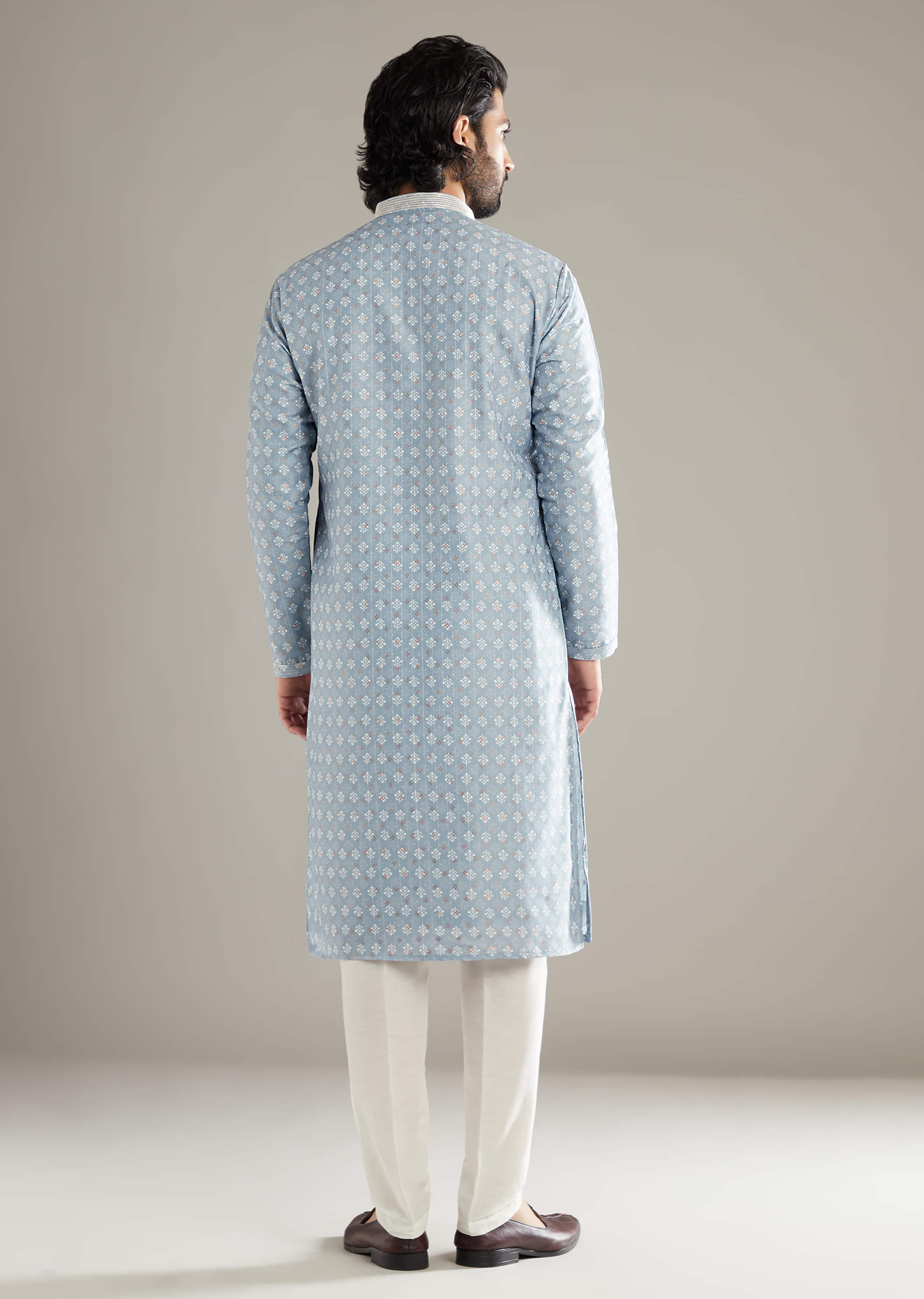 Sky Blue Silk Kurta Set For Men With Floral Printed Motifs