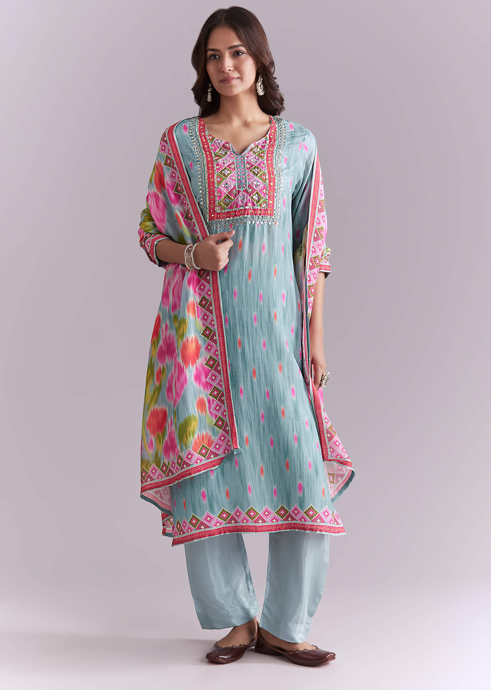 Sky Blue Silk Kurta Set With Ikat Style Print