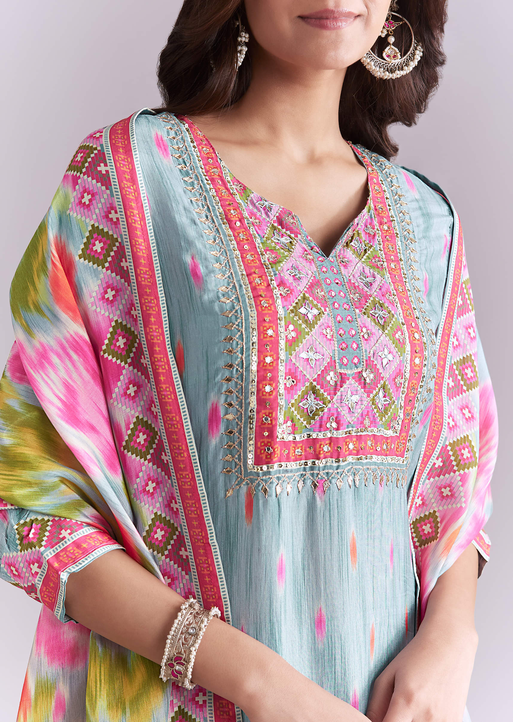 Sky Blue Silk Kurta Set With Ikat Style Print