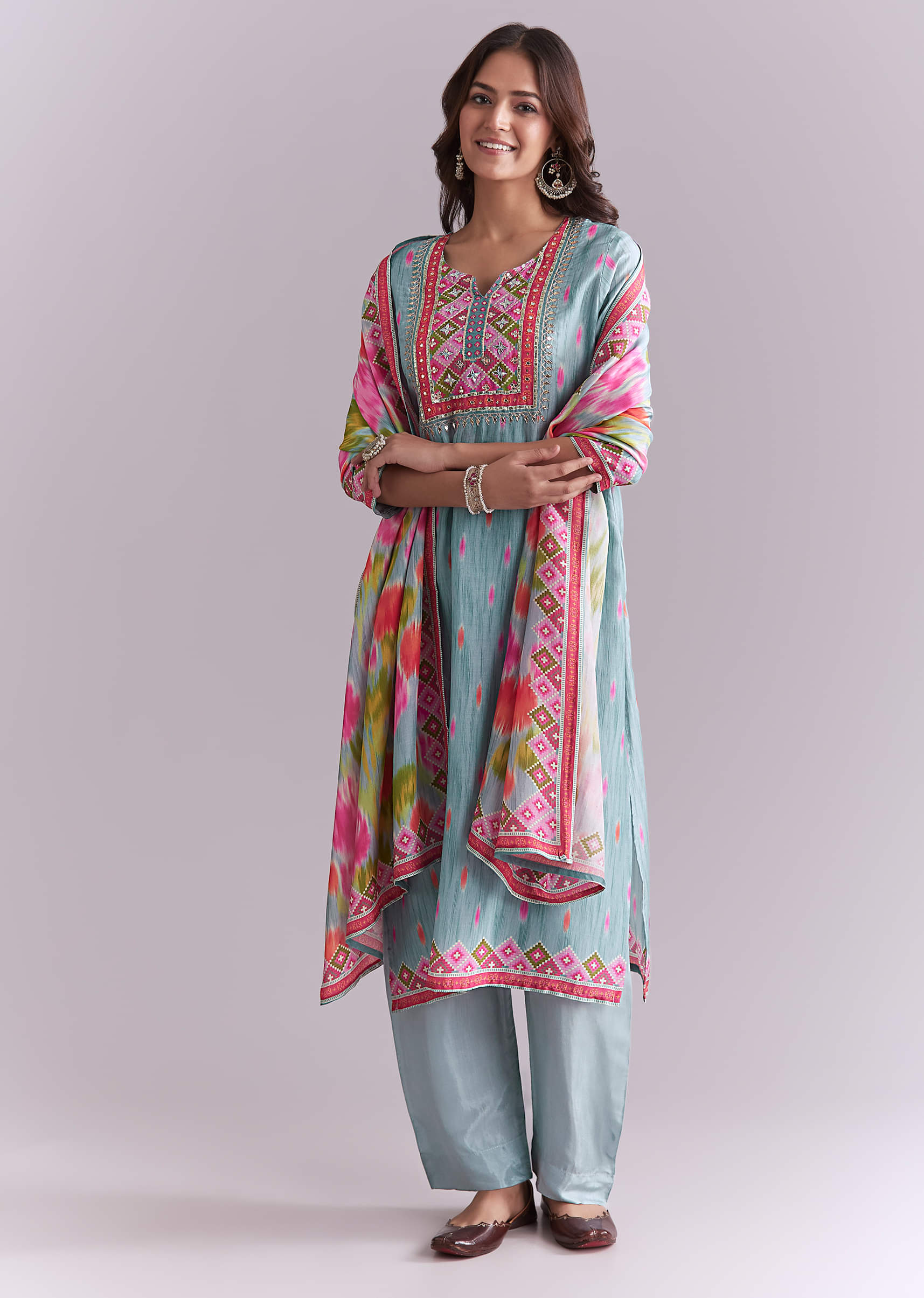 Sky Blue Silk Kurta Set With Ikat Style Print