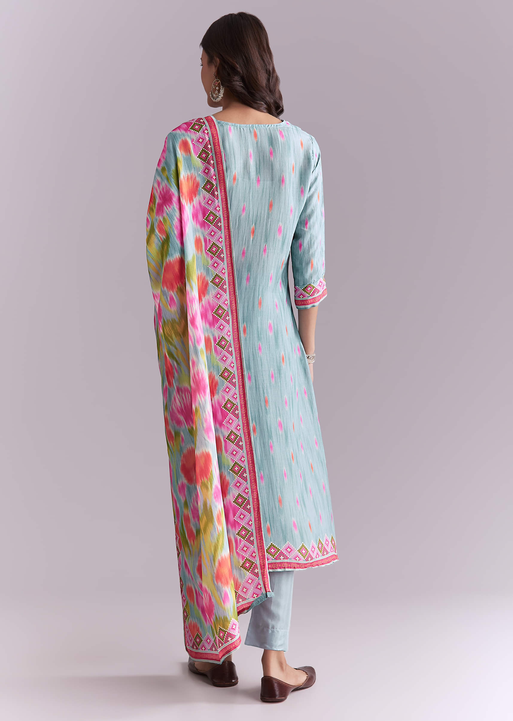 Sky Blue Silk Kurta Set With Ikat Style Print