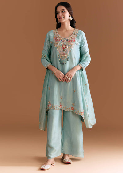 Sky Blue Tissue Kurta Set With Zardosi Embroidery
