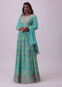 Light Sky Blue Anarkali In Chinon With Floral Embroidery
