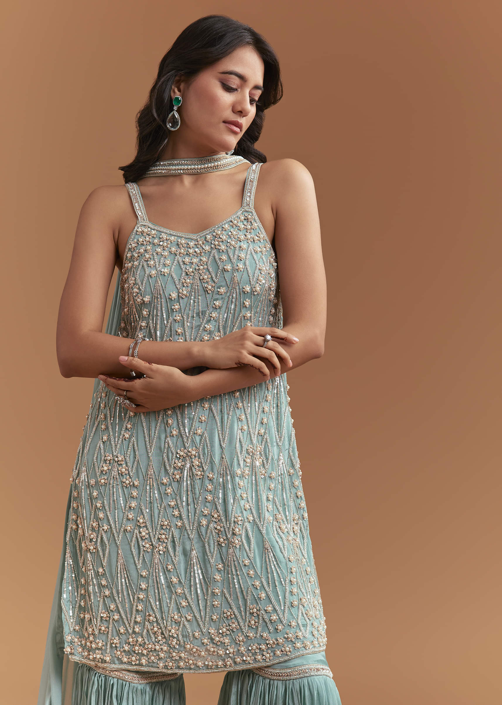 Sky Blue Chinon Sharara Suit With Moti And Beads Work
