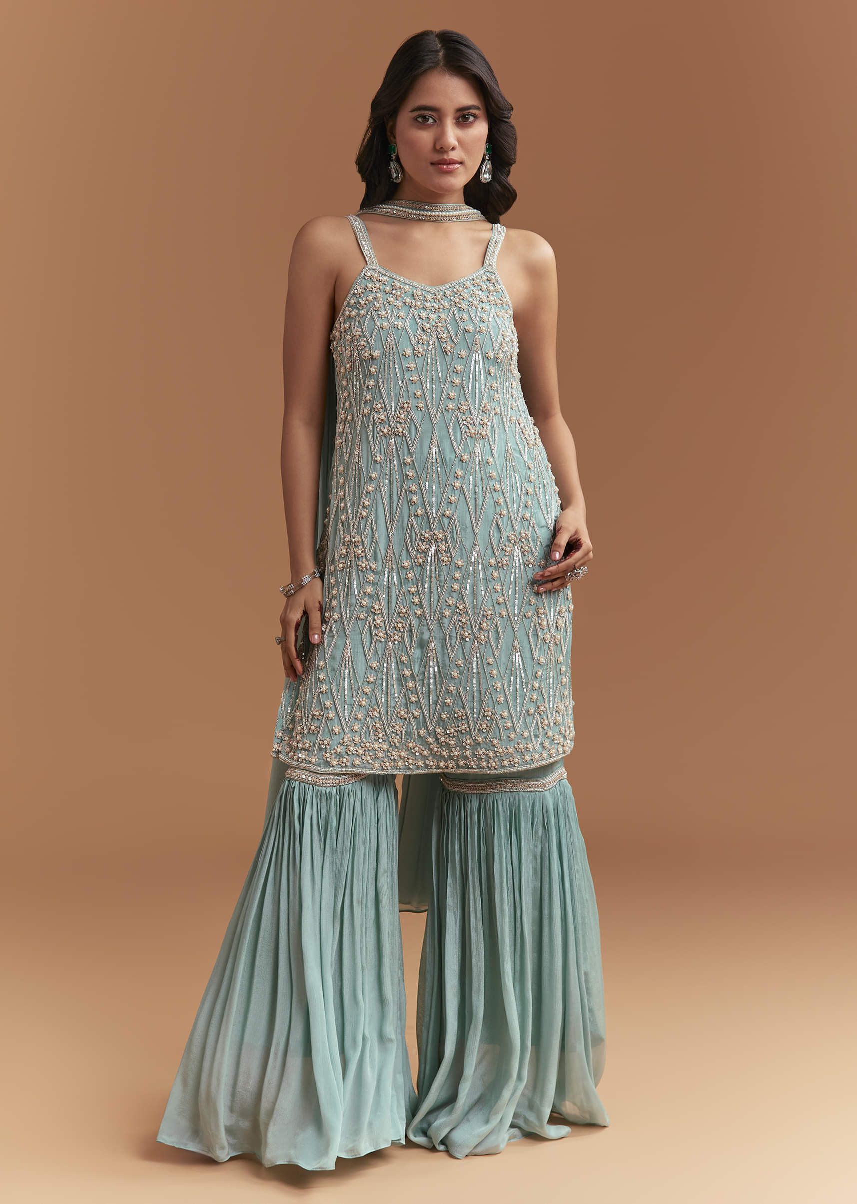 Sky Blue Chinon Sharara Suit With Moti And Beads Work
