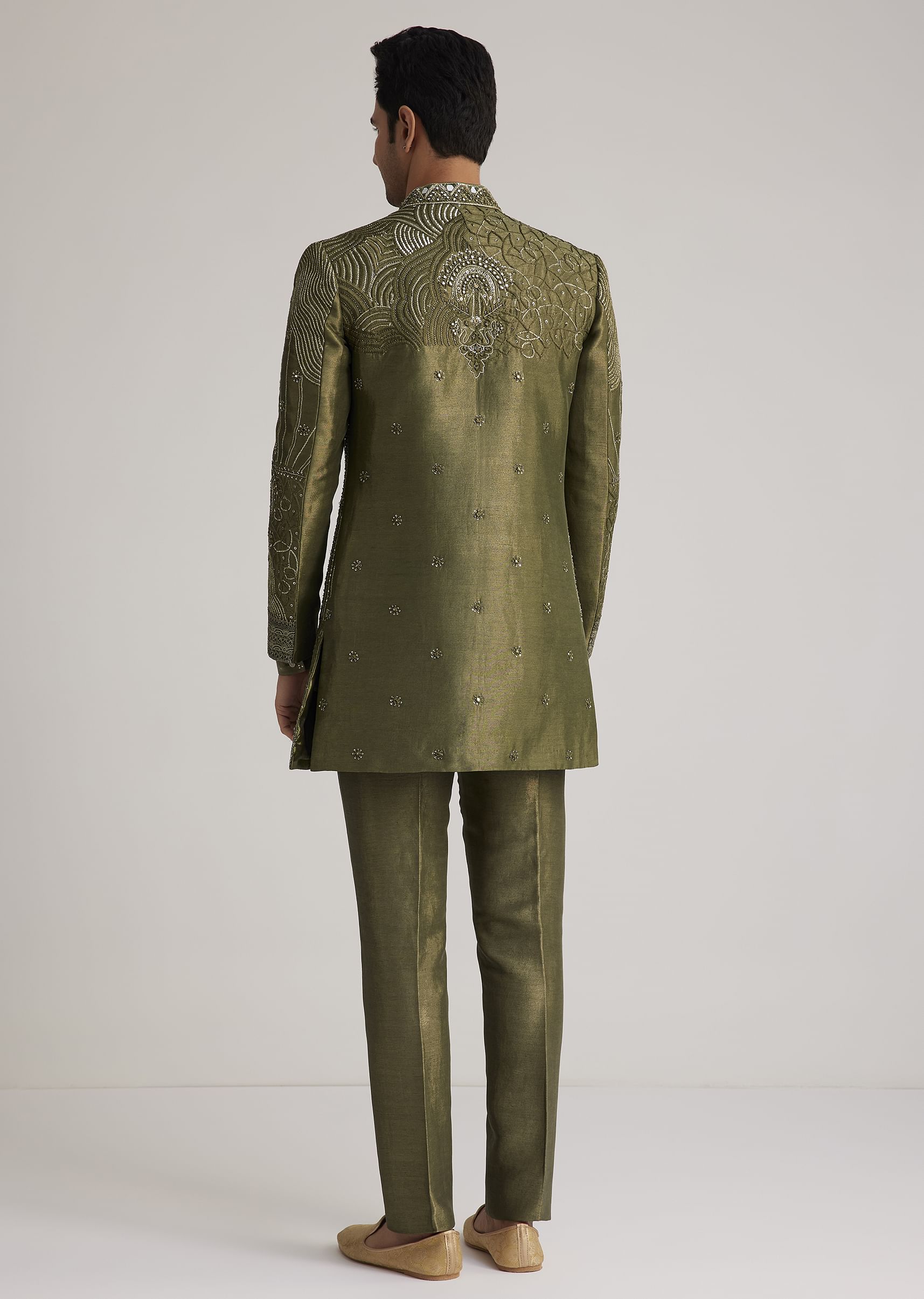 Olive Green Silk Indowestern Suit With Mirror Work