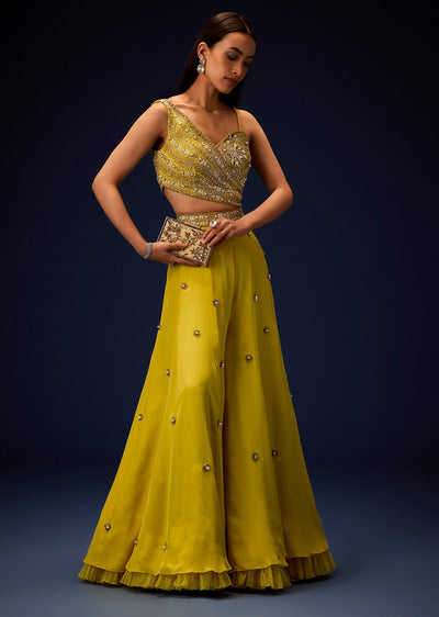Sunglow Mustard Hand Embroidered Double Layer Frill Jumpsuit