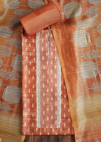 Sunset Orange Dola Silk Unstitched Suit Set