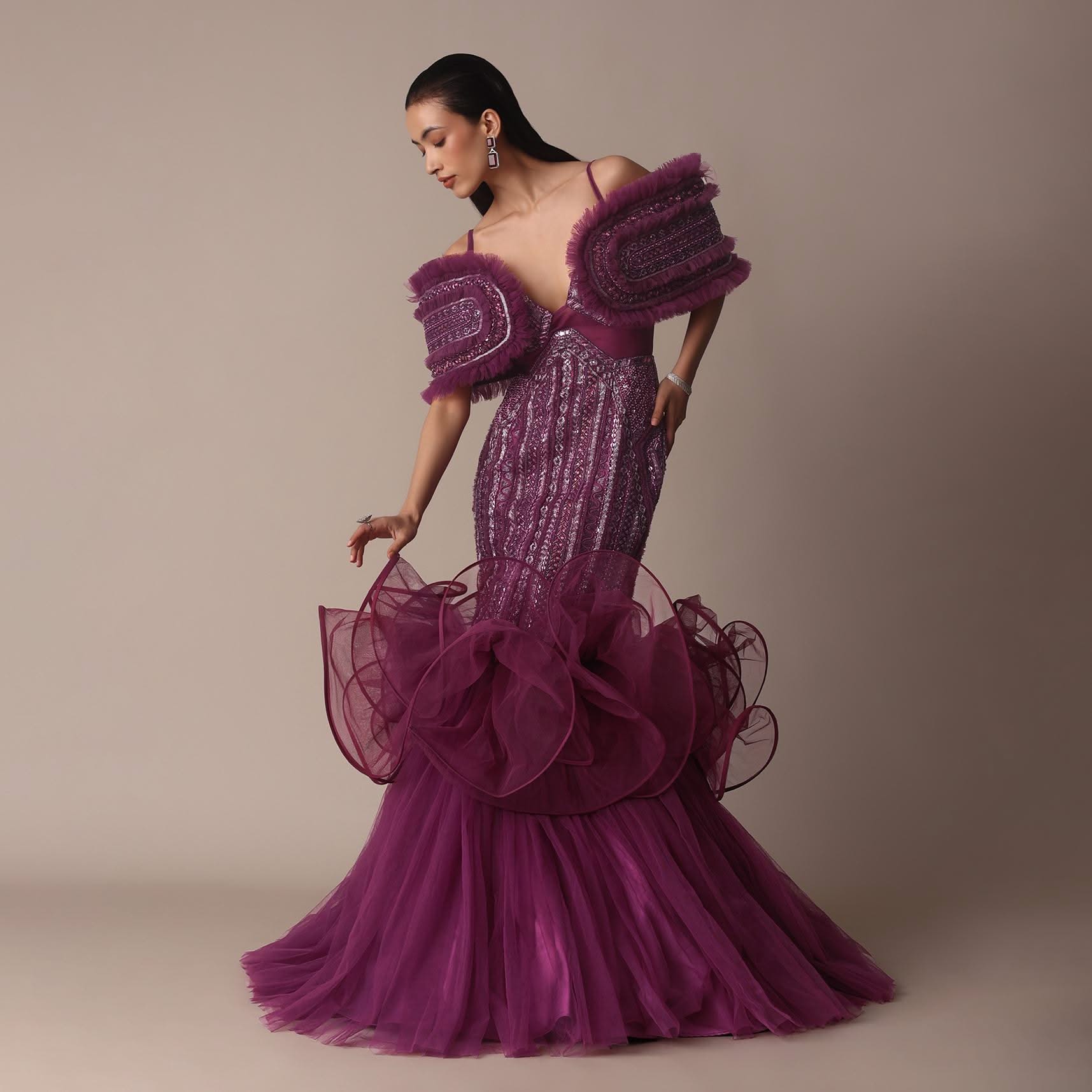 Buy Deep Purple Organza Fish Cut Gown With 3D Ruffles| KALKI Fashion USA