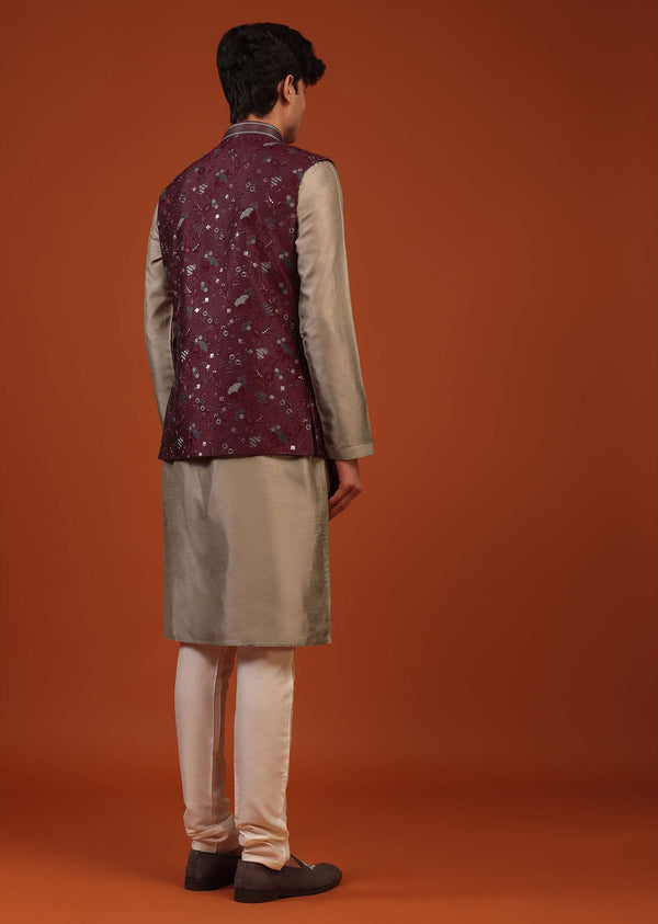 Plum Purple Floral Embroidered Bandi Jacket Set In Silk