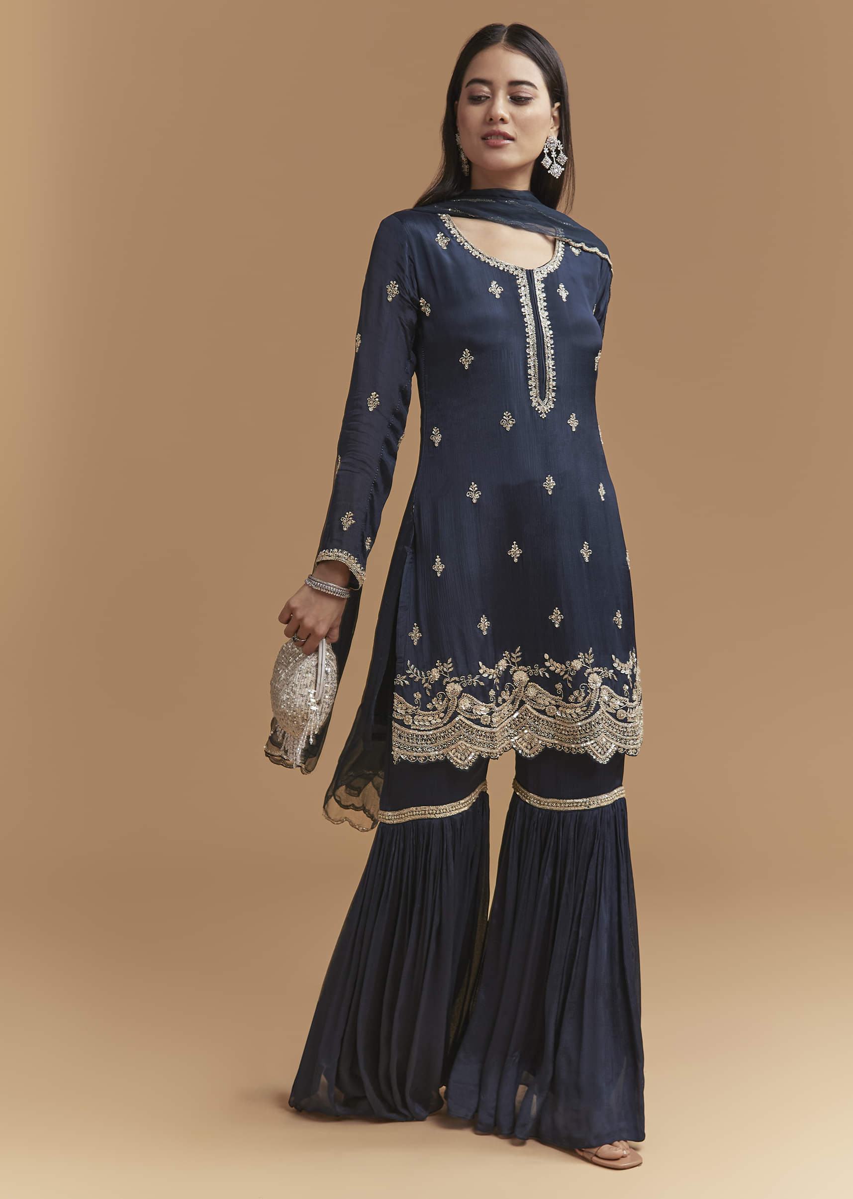 Teal Blue Chinon Sharara Suit With Heavy Hand Embroidery