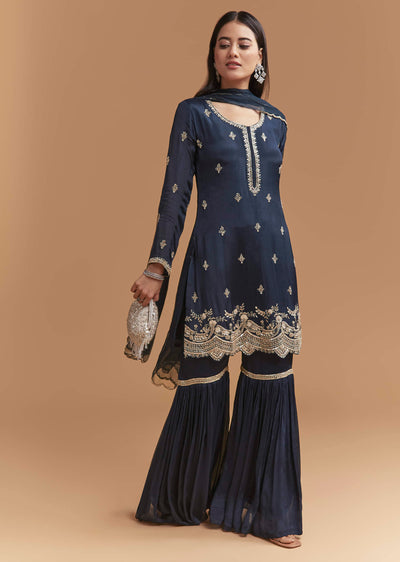 Teal Blue Chinon Sharara Suit With Heavy Hand Embroidery