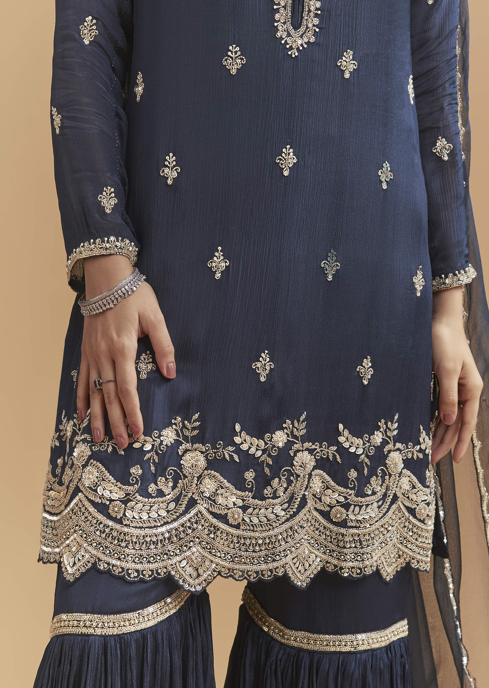 Teal Blue Chinon Sharara Suit With Heavy Hand Embroidery