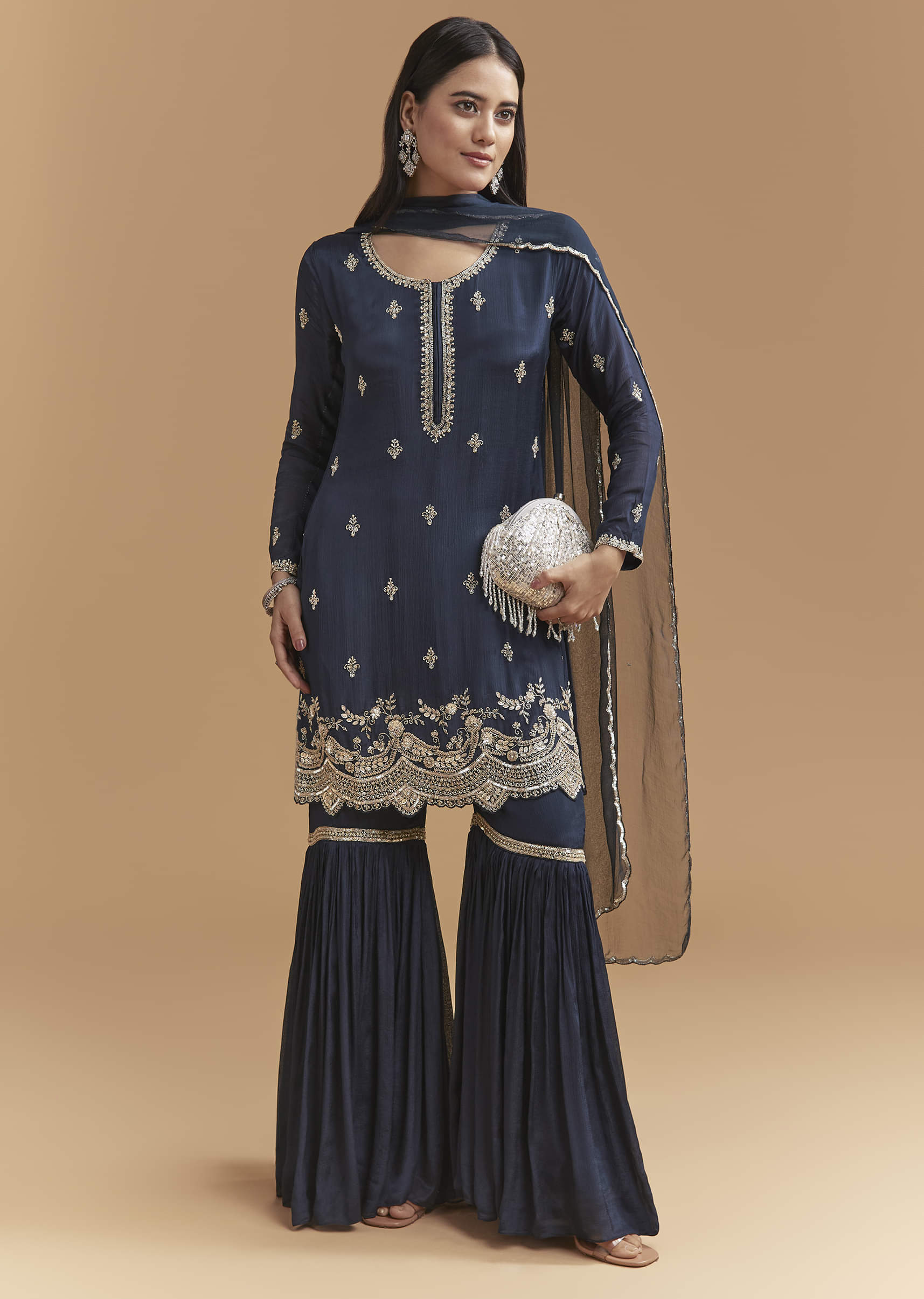 Teal Blue Chinon Sharara Suit With Heavy Hand Embroidery