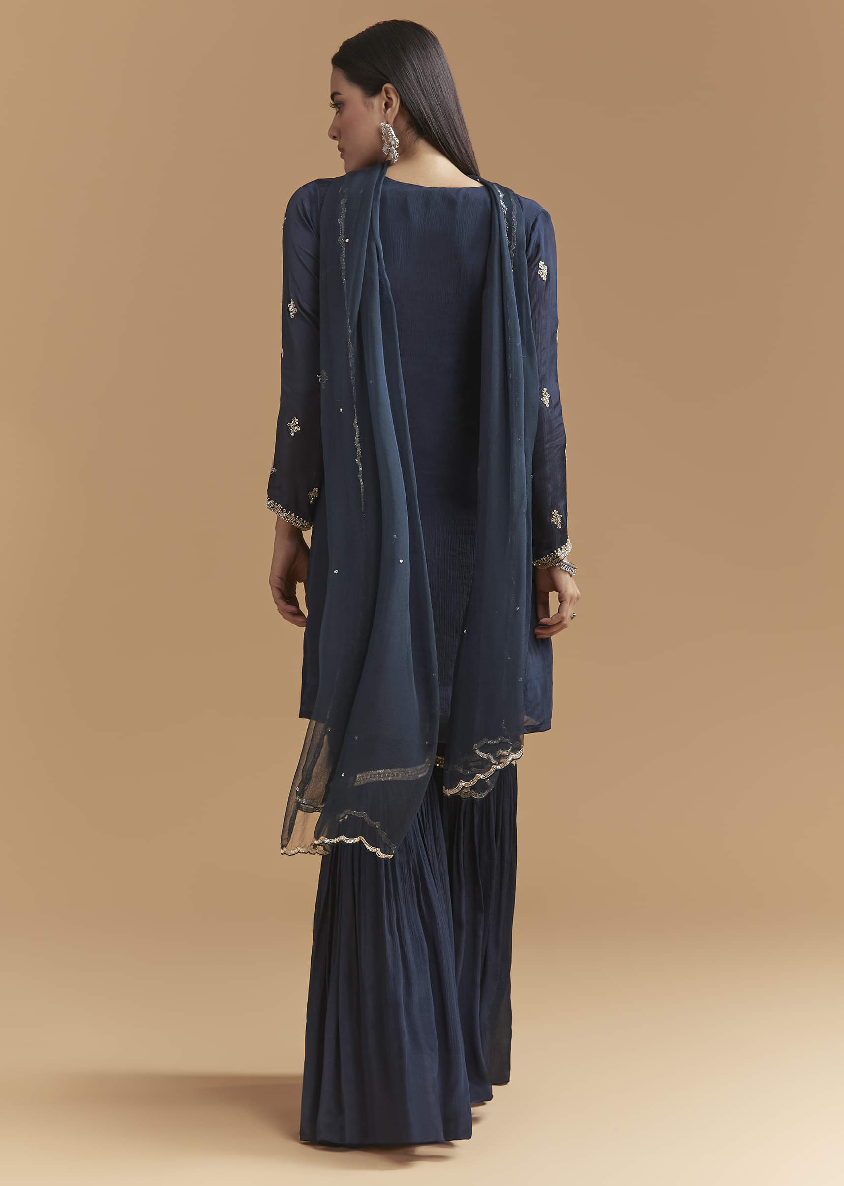 Teal Blue Chinon Sharara Suit With Heavy Hand Embroidery