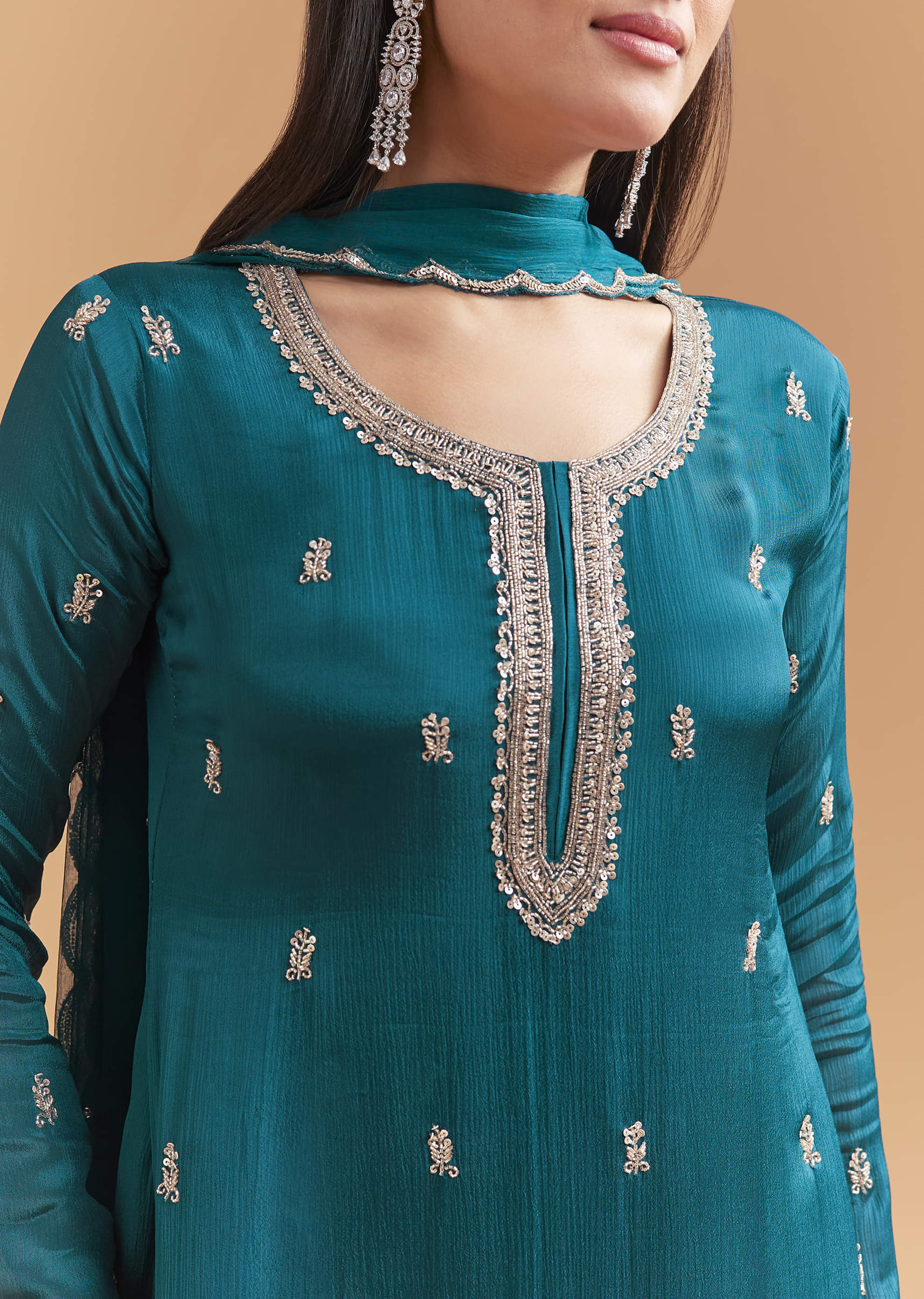 Teal Blue Chinon Sharara Suit With Sequins And Cutdana Work