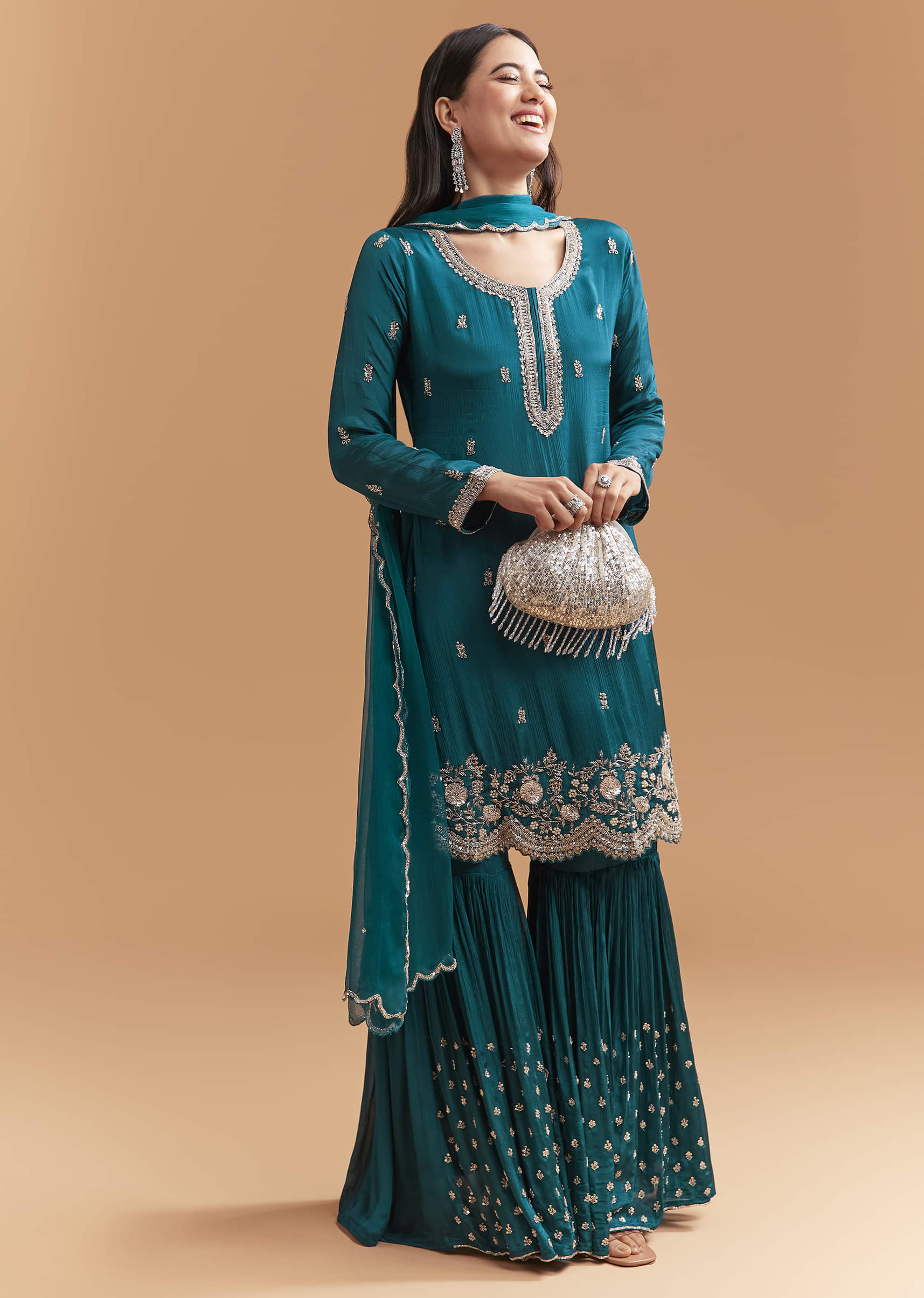 Teal Blue Chinon Sharara Suit With Sequins And Cutdana Work