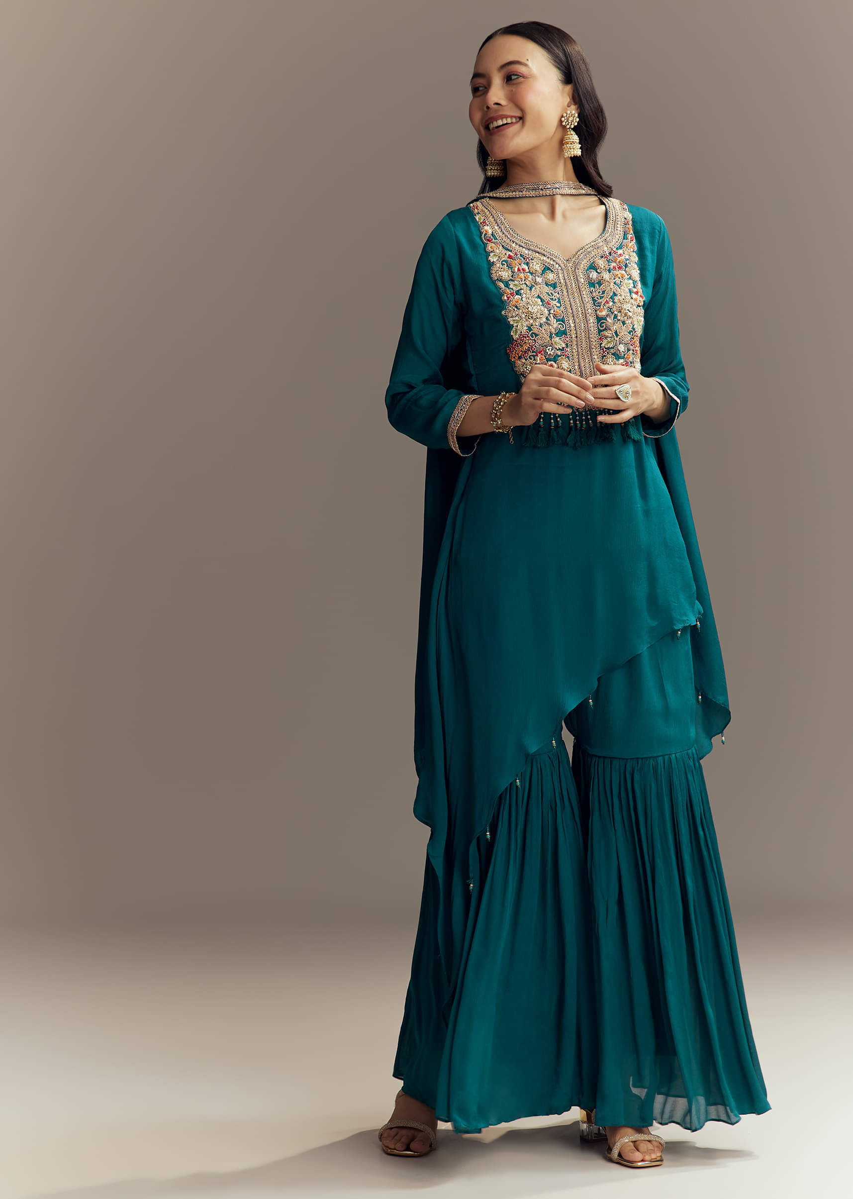 Teal Blue Chinon Sharara Suit With Zardosi Work