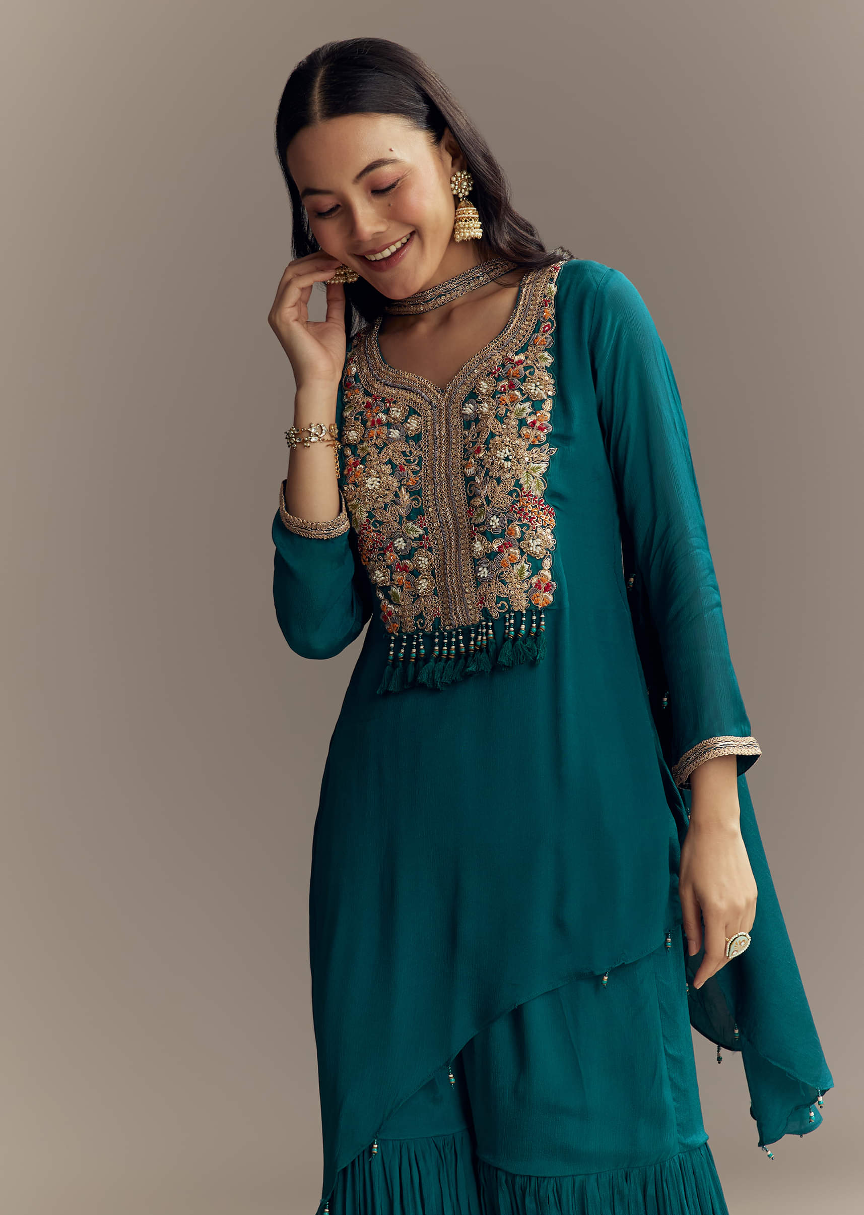 Teal Blue Chinon Sharara Suit With Zardosi Work