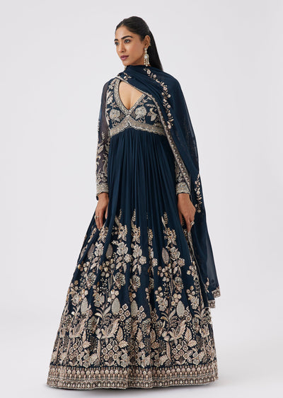 Teal Blue Georgette Floor Length Anarkali With Embellished Motifs