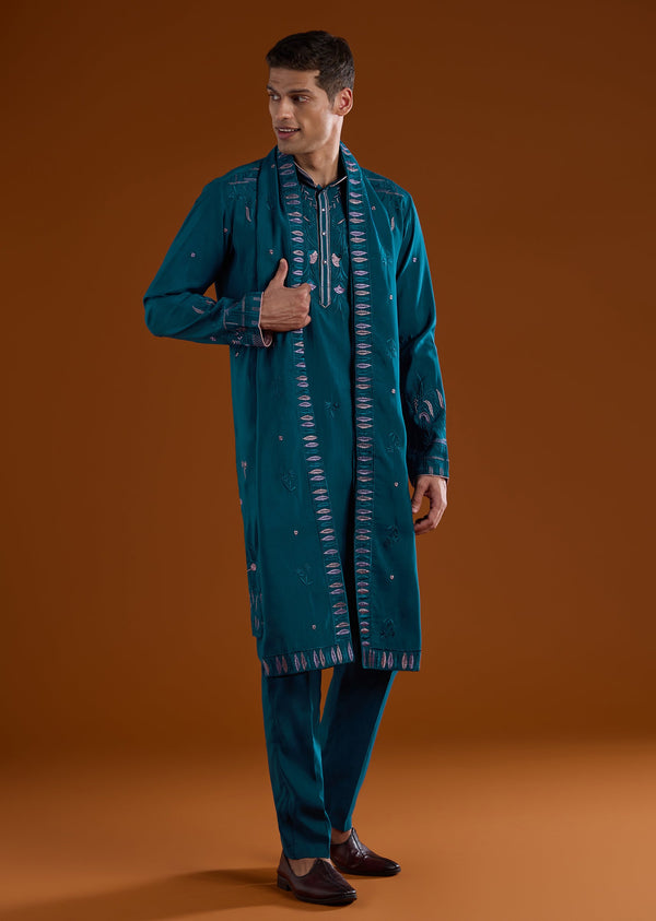 Teal Blue Silk Kurta Set With Dupatta And Thread Work