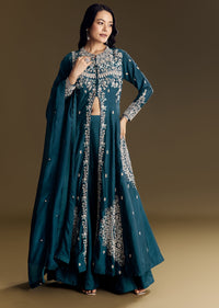Teal Blue Silk Palazzo Suit With Moti Accents
